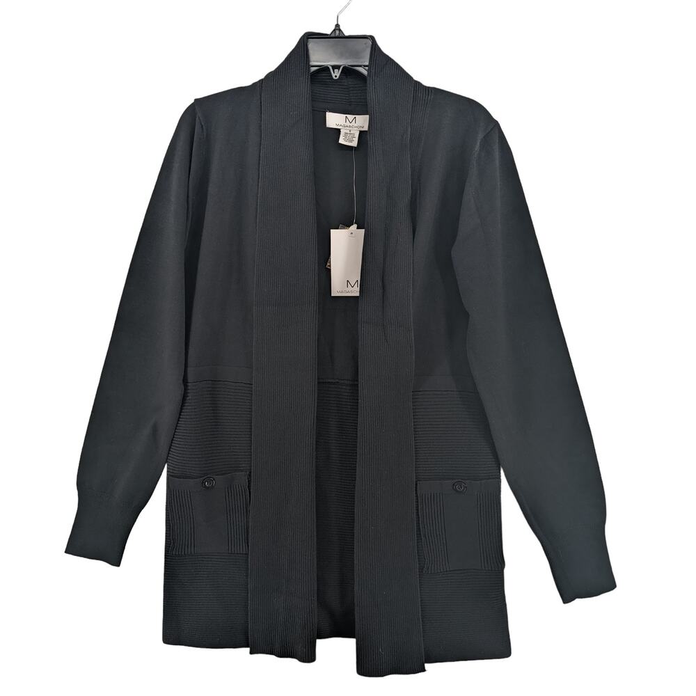 Magaschoni Open Front Cardigan Small Black Ribbed Knit Long Sleeve Front Pockets